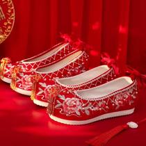 (Language of Flowers) Original Chinese Xiuhe Wedding Shoes Ancient Style Red Hanfu Bridal Wedding Shoes Womens Height Increase Embroidery