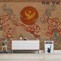 Chinese hand-painted retro Dunhuang Feitian lady character wallpaper living room TV background wallpaper seamless mural wall covering