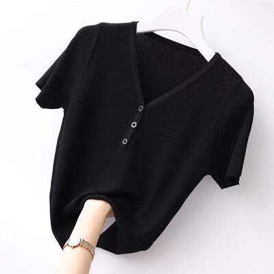 Brand discount women's clothing label cut counter removed genuine T-shirt Women's short-sleeved short V-neck fitted top worn over ice silk