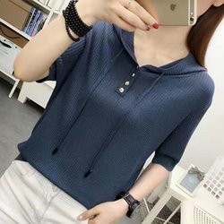 Foreign Trade Original Order Italian Big-Name Women's Clothing Clearance European Hooded Ice Silk Short-Sleeved T-Shirt Loose Sweatshirt Knitwear