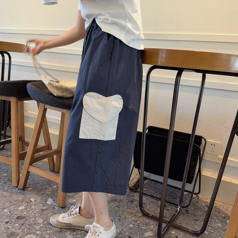 Korean Dongdaemun Women's Summer Loose Casual Style Elastic Waist Color-Block Heart Pocket Wide-Leg Cropped Pants Baggy Pants