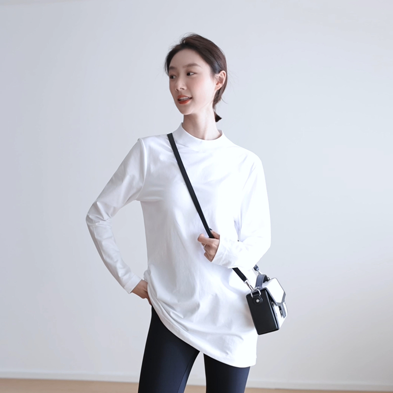 ミドル丈のミニマリストデザイン、ピュアコットンTシャツレディース長袖ハーフハイカラーアウター、ゆったりスタンドカラーハーフスリーブボトリングシャツ！