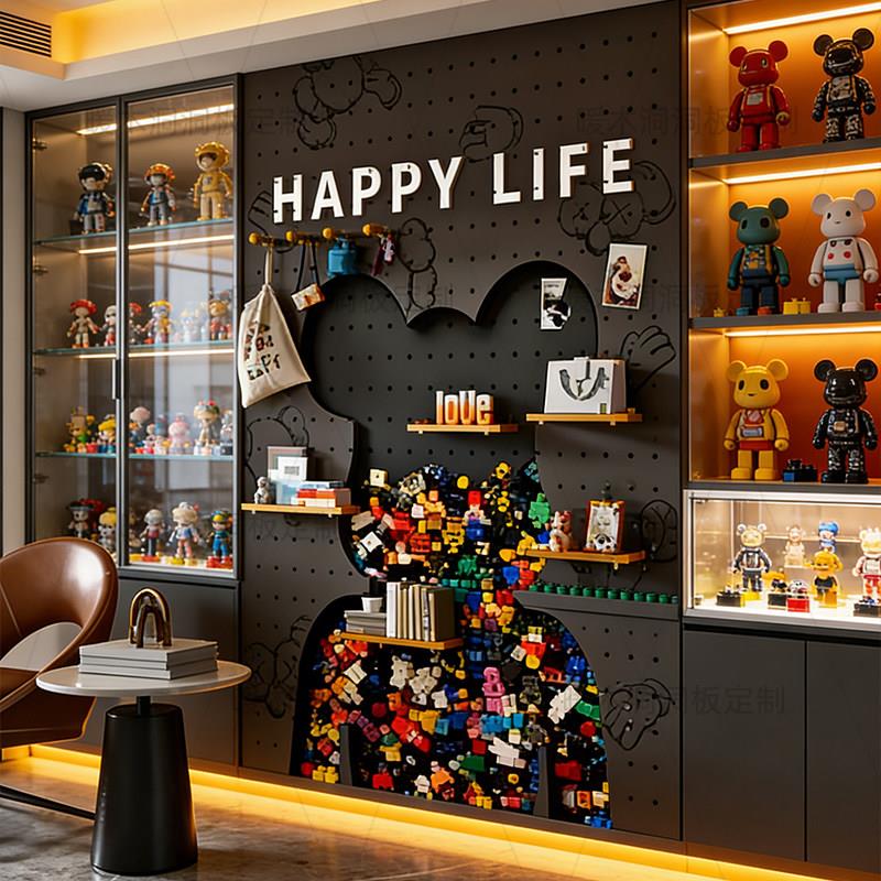 Solid wood hole board violent bear wall storage rack entrance block storage display rack living room decorative partition customization