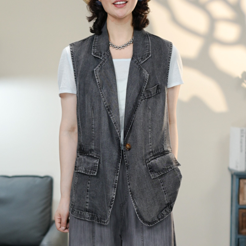 9000 Black Mom Style Retro Tencel Denim Vest 2026 Spring Artistic Versatile Sleeveless Denim Vest 9000 Black Mom Style Retro Tencel Denim Vest 2026 Spring Artistic Versatile Sleeveless Denim Vest