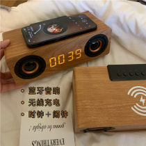 Multifunctional high-end Bluetooth audio subwoofer plugged into USB flash drive wireless charging alarm clock ins retro wooden speaker gift
