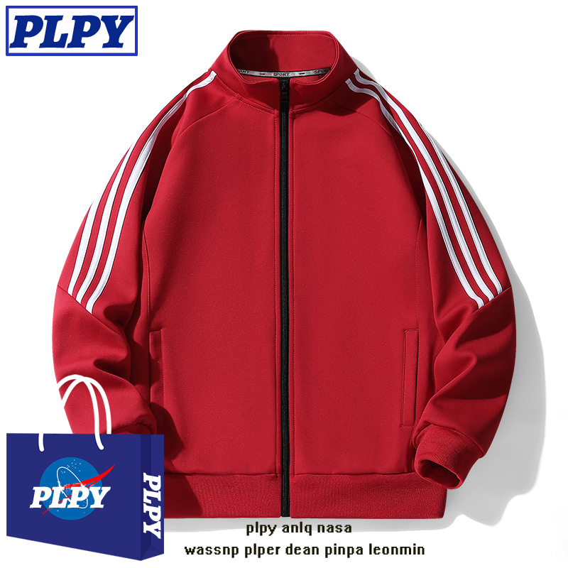 Bright Red Zodiac Year Jacket for Men, Spring and Autumn 2025 New Style, Stand Collar, Sports Three-Stripe School Uniform Top