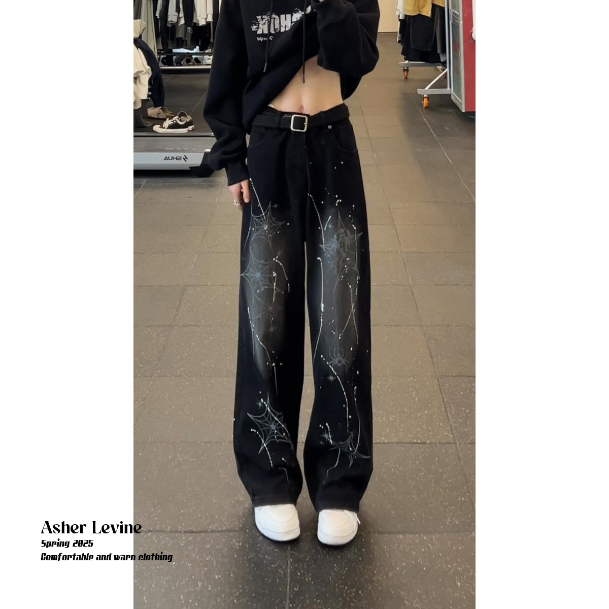 Quần jeans kiểu Mỹ dành cho nam, thiết kế mới mùa thu với họa tiết mạng nhện, phong cách đường phố cá tính, quần ống rộng dáng thẳng hip-hop.