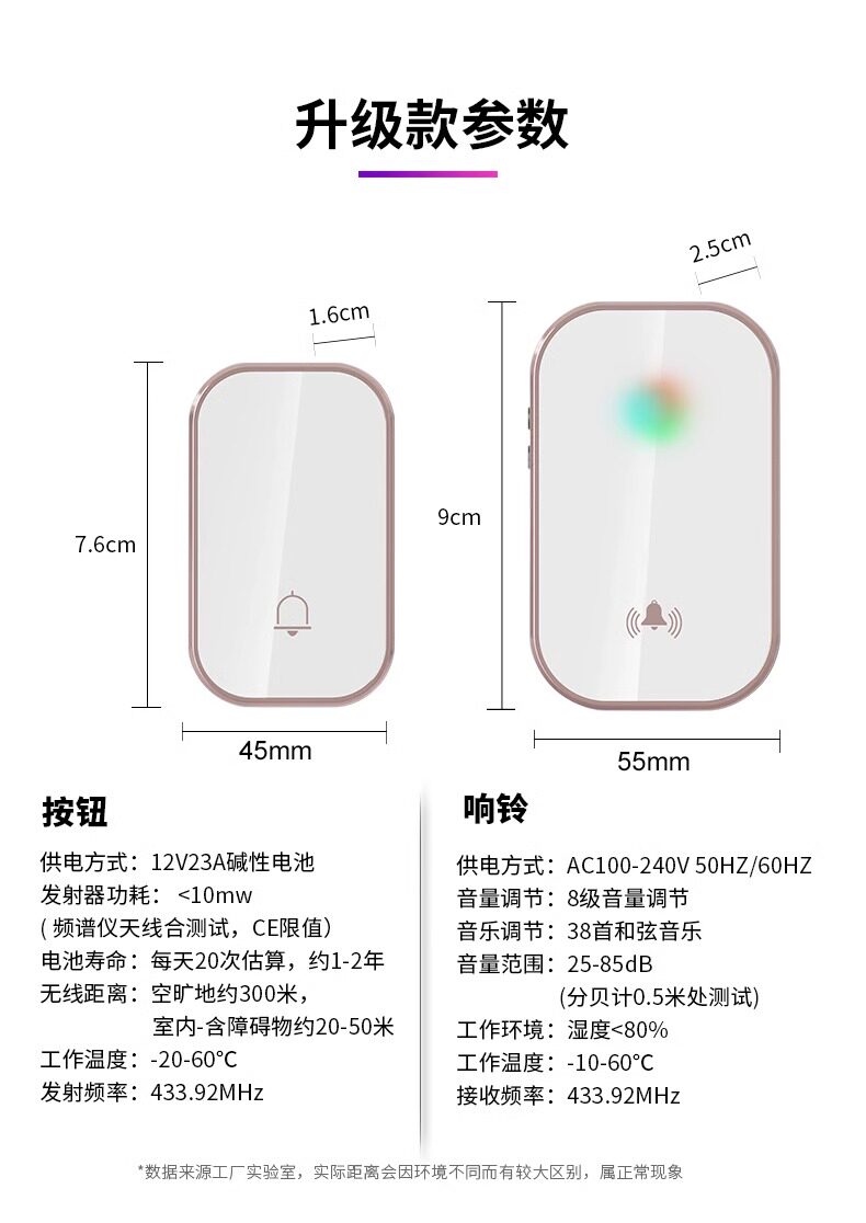 Видео домофон 门铃家用无线 线超远距离电子遥控门铃免插电入户叮咚门钟 钟老人呼叫器