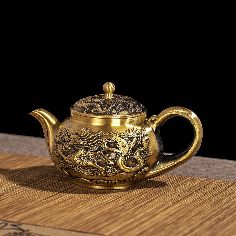 龍鳳大茶壺高品質禮盒龍紋茶壺復古銅酒壺黃銅工藝禮品擺飾百福壺擺件
