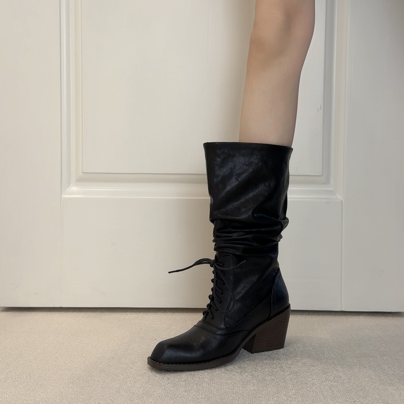 Liuye Six Also Features a Simple Lace-Up Design, Silent Heel, 2026 New Model Riding Boots, Cool and Stylish Chunky Heel Mid-Calf Stacked Boots L2298 Liuye Six Also Features a Simple Lace-Up Design, Silent Heel, 2026 New Model Riding Boots, Cool and Stylish Chunky Heel Mid-Calf Stacked Boots L2298