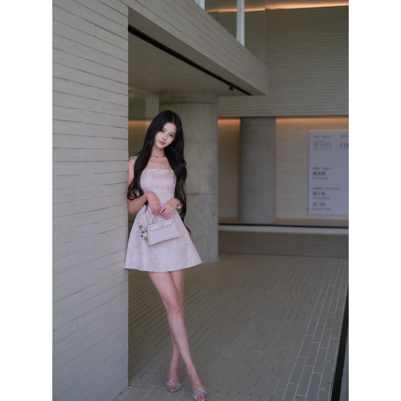 Rose Owner Glittering Floral Dress Light Chinese Style Rose Jacquard Strap Dress Elegant A-Line Short Skirt