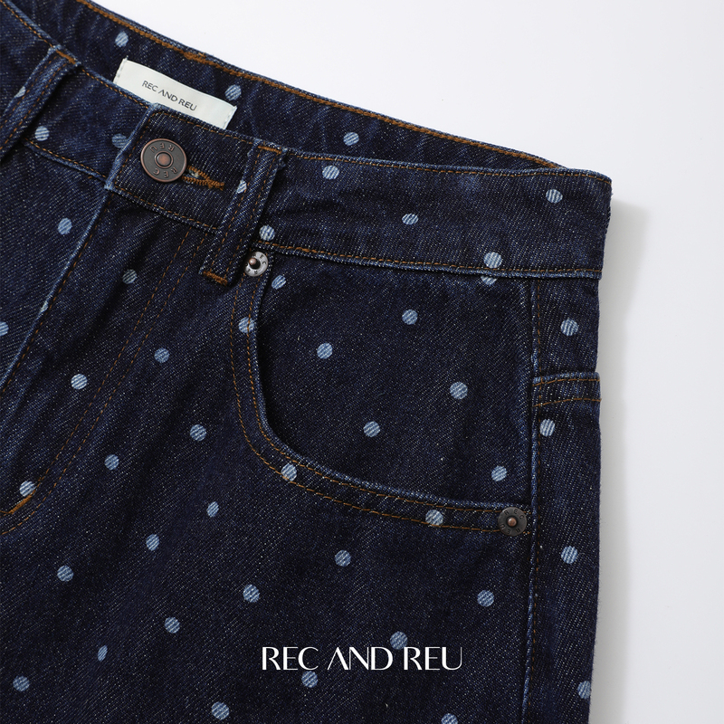 Rec and Reu 【Polka Dot Denim】A Versatile Accessory That Makes You Look Slim and Stylish in a Retro Way. Get the Trendy Denim Pants