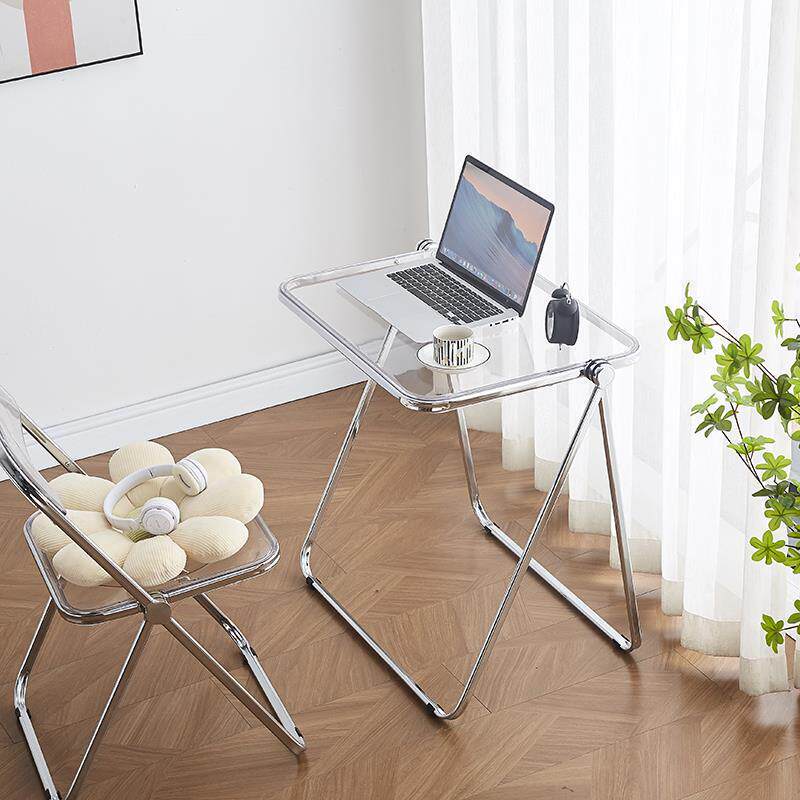Glass Computer Desk for Home Use, Acrylic Small Desk, Transparent Folding Office Desk, Girls' Bedroom Bedside Table