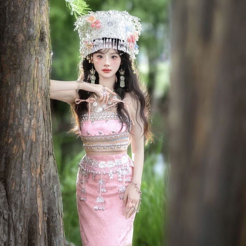 New Miao Ethnic Traditional Clothing in Pink, Dreamy Ethnic Style, Super Fairy-Like Hani Photography Outfit, Adult Set, Dai Ethnic Clothing