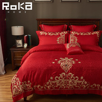 Wedding four-piece red embroidery wedding wedding wedding room wedding bed cotton tribute satin sheets quilt cover 60 sets