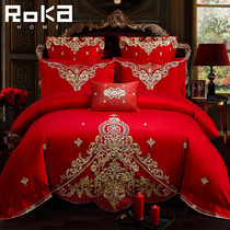 Wedding four-piece set of European red embroidery wedding happy bed bed bed linen quilt cover wedding wedding room wedding bed six sets