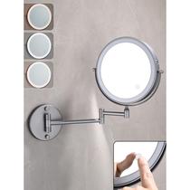 Gun gray LED light punch-free bathroom folding beauty mirror three-color double-sided makeup mirror telescopic magnifying mirror wall hanging
