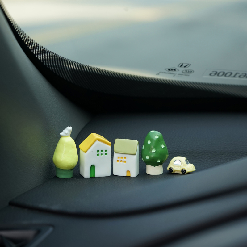Miniature Cute Tree House Car Decoration for Dashboard, Monitor Screen, or Window in a Small Village Scene