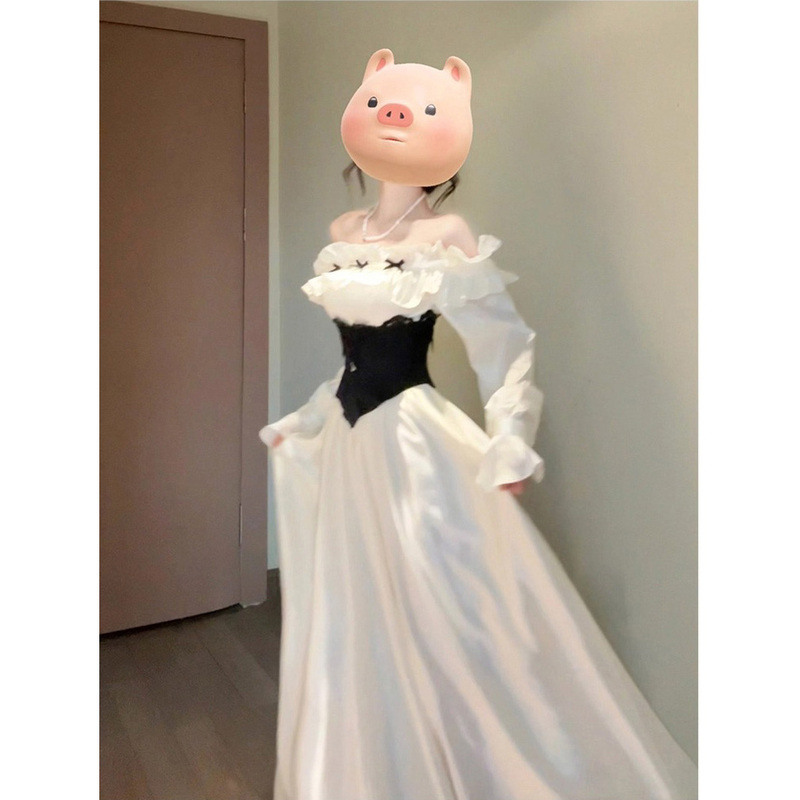 Pure and Elegant Off-The-Shoulder Bow-Knot Long-Sleeve Dress, New Autumn and Winter White Satin Waist-Cinching Slimming Long Dress