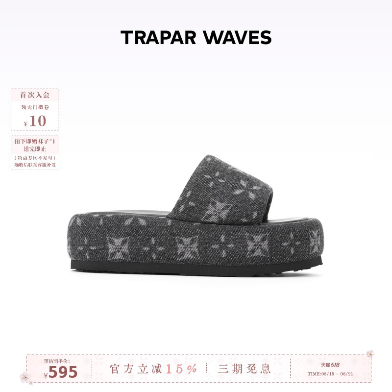 [Same Style as Zhao Lusi] Trapar Waves Thick-Soled Height-Increasing Slip-On Sandals Black Slippers for Women to Wear Outside