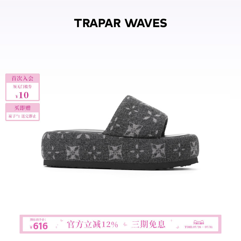 [Same Style as Zhao Lusi] Trapar Waves Thick-Soled Height-Increasing Slip-On Sandals Black Slippers for Women to Wear Outside