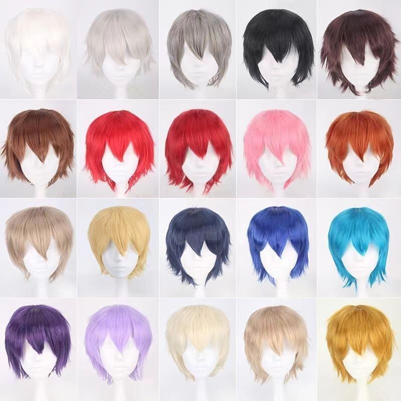 Cosplay Wig for Teenagers, Colorful Anime Fake Hair, Versatile Short Hair for Men and Women, Basic Styling, Black, Linen, Silver, White