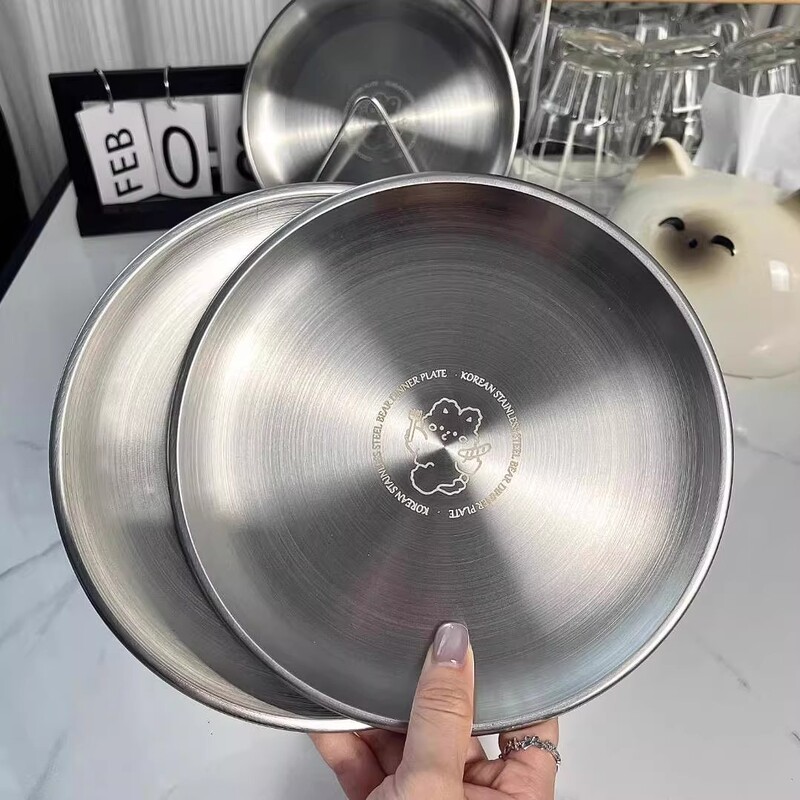 Little Bear ins Korean-Style Stainless Steel Plate Round Matte Plate Barbecue Plate Tray Metal Picnic Plate Commercial Use