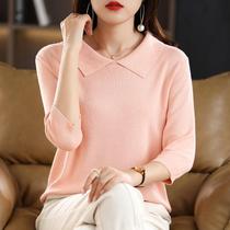 New ready-made quick-release mercerized cotton doll collar knitted bottoming shirt for women spring and autumn new style reversible three-quarter sleeve top