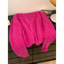 New ready-made quick-release rose pink V-neck sweater cardigan for women spring 2024 new high-sensitivity sweet foreign-style and soft waxy