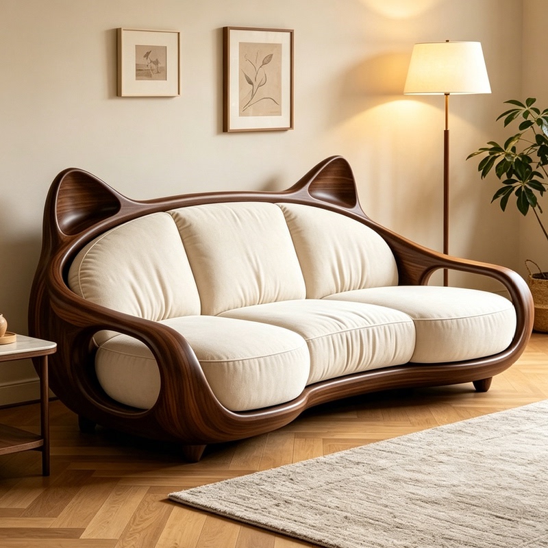New Chinese-Style North American Black Walnut Cat-Ear Sofa, Song-Style Aesthetic Creative Straight-Row Fabric Sofa, Solid Wood Furniture New Chinese-Style North American Black Walnut Cat-Ear Sofa, Song-Style Aesthetic Creative Straight-Row Fabric Sofa, Solid Wood Furniture