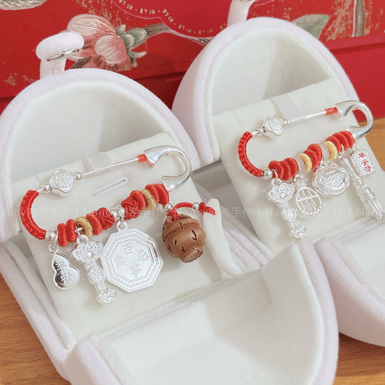 999足银挂件纯银别针婴儿宝宝压惊桃木外出防吓孕妇平安胎胸针