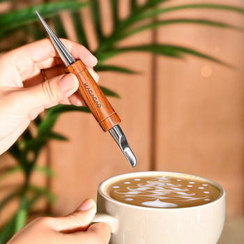 Kacacao Coffee Latte Art Needle Stainless Steel Titanium-Plated Latte Carving Needle Professional Solid Wood Handle Carving Pen Hook Needle