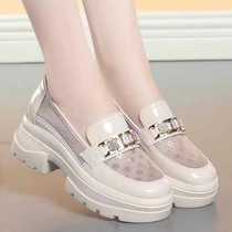 Loafers thick-soled British womens shoes 2024 new spring and summer mesh patent leather womens shoes rhinestone hollow shoes