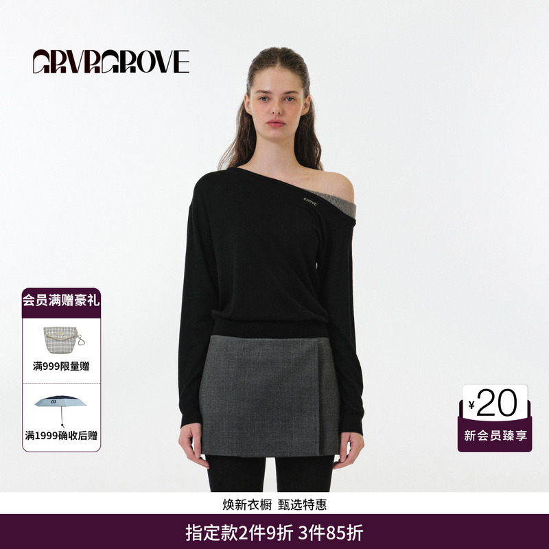 [Same Style as the Blogger] Grvr Grove Official Flagship Store Long-Sleeved Off-Shoulder Pullover Knitwear Gf5Kn04C