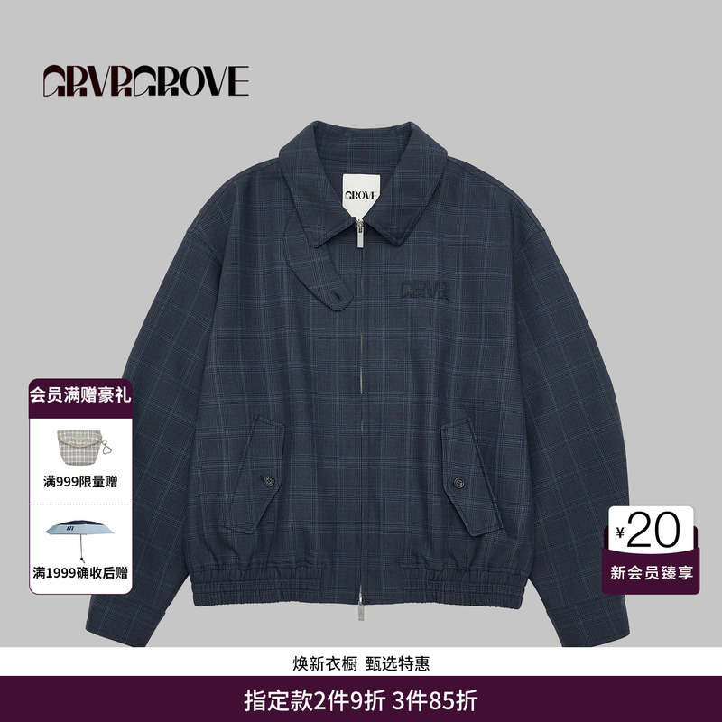 Grvr Grove Official Flagship Store 25Fw Autum Plaid Lapel Woven Jacket Short Coat Gf5Jp01C