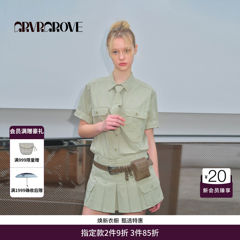 Grvr Grove Official Flagship Store 26Ss New Spring and Summer Korean Style Short-Sleeved Shirt with Tie Gs26Shc03 Grvr Grove Official Flagship Store 26Ss New Spring and Summer Korean Style Short-Sleeved Shirt with Tie Gs26Shc03