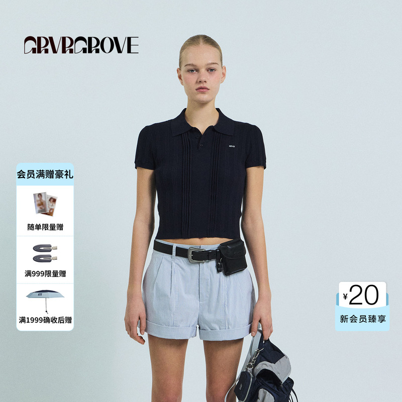 Grove Official Flagship Store 2026Ss Spring and Summer New Korean Style Short-Sleeved Knitwear with Ribbed Design Gs26Knc09