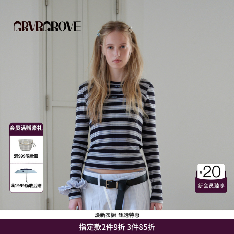 Grvr Grove Official Flagship Store 2026Ps Spring Long-Sleeved T-Shirt with Contrasting Edges and Round Neck Base Layer Gp26Tsk12