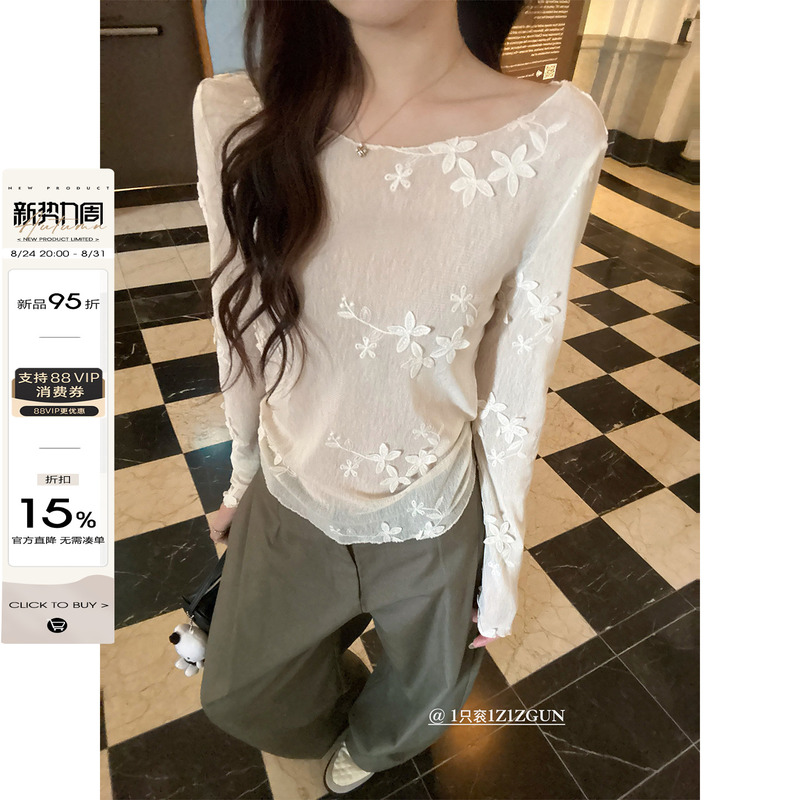 1 Piece of 1Z1Zgun Flying Flower Dream Early Spring New Style Three-Dimensional Embroidered Mesh Long-Sleeve T-Shirt, Transparent Sun Protection Shirt 1 Piece of 1Z1Zgun Flying Flower Dream Early Spring New Style Three-Dimensional Embroidered Mesh Long-Sleeve T-Shirt, Transparent Sun Protection Shirt