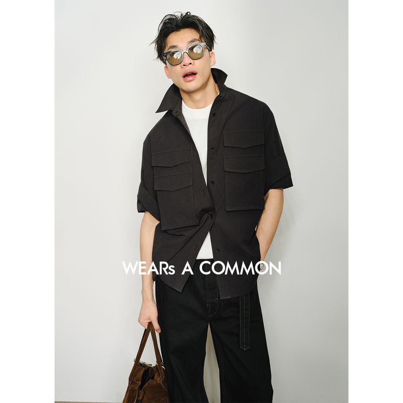 Wsac Yushanhuo Long-Staple Cotton Merino Wool French Work Multi-Pocket Stand-Up Collar Rolled Hem Short-Sleeve Shirt