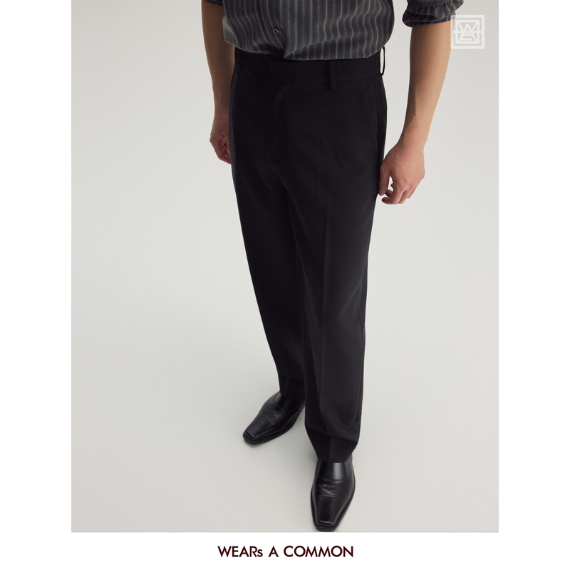 Wsac Yusanhuo Black Tapered Suit Pants for Men, Stylish and Drapey Swallowtail Black Wool Straight-Leg Pants