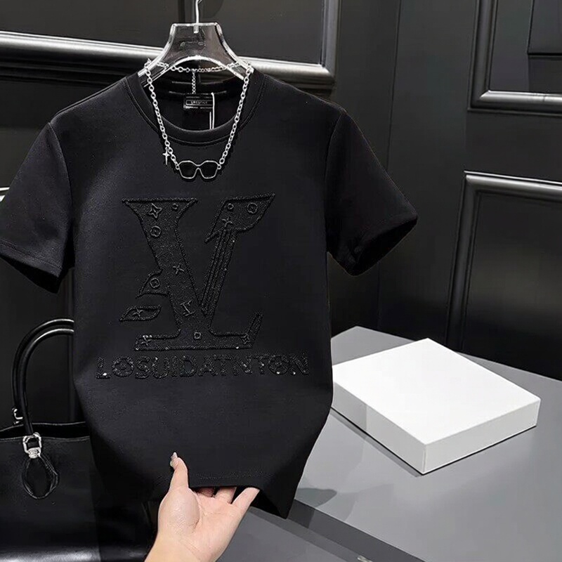 Hong Kong Lv K Summer Men's Fashion European and American High-Quality Shenzhen Nanyou Brand High-End Replica Luxury Rhinestone Short-Sleeve T-Shirt