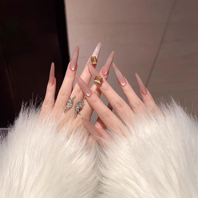 Handmade Almond Nude Cat-Eye Press-On Nails 2026 New High-End Whitening Ice Sugar Diamond Nail Patches Long Style