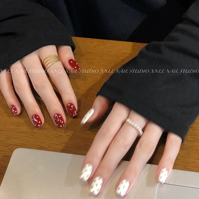 Strawberry Red Polka Dot Manicure, High-End Handmade Wearable Nails, Elegant and Complexion-Enhancing, Mandarin Duck Manicure, Nail Tips for Brides and Pregnant Women