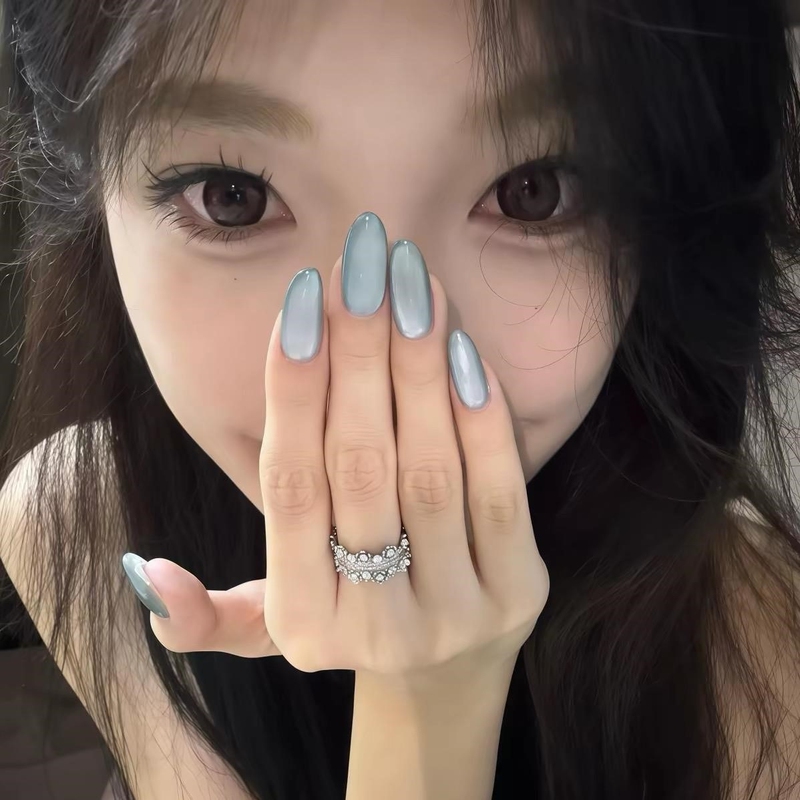 2026 Summer Hot-Selling Green Orchid Cat Eye Whitening Handmade Wearable Nails Medium-Length Manicure Removable Fake Nail Tips