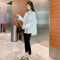 BAO explodes homemade maternity clothing spring and autumn 2024 loose top Korean style blue shirt slimming cover belly trendy mom summer