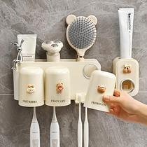 Toothbrush rack storage rack tooth cup mouthwash cup electric toothbrush tooth cylinder family three-port suction wall-type punch-free hanging rack