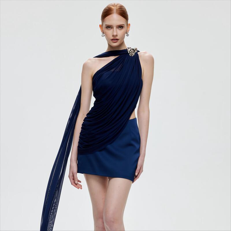 Artel Retro Vienna Night | Midnight Blue Satin Mesh Suit with Ribbon High-End Dress Short Skirt