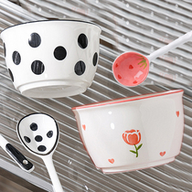 High-looking Korean style cute ceramic rice bowl household 2 bowls 2 spoons large capacity bowl combination tableware set
