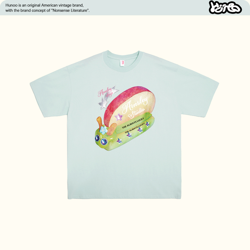 Hunoo Korean Style Fun Apple Snail Print Short-Sleeved T-Shirt for Women Summer Ins Niche Casual Versatile Pure Cotton Top